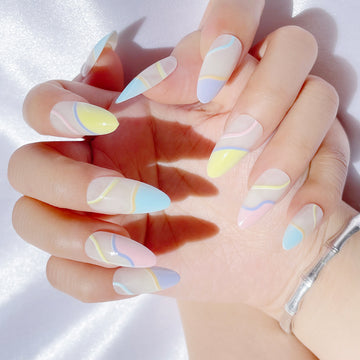 OPOOLA Almond Press on Nails Medium,Light stripe,OPOOLA Rainbow Jelly Soft Gel Fake Nails for Women Fit Natural,  Stick on Nails Reusable, 24pcs False Nails with Design Glue Art Kit